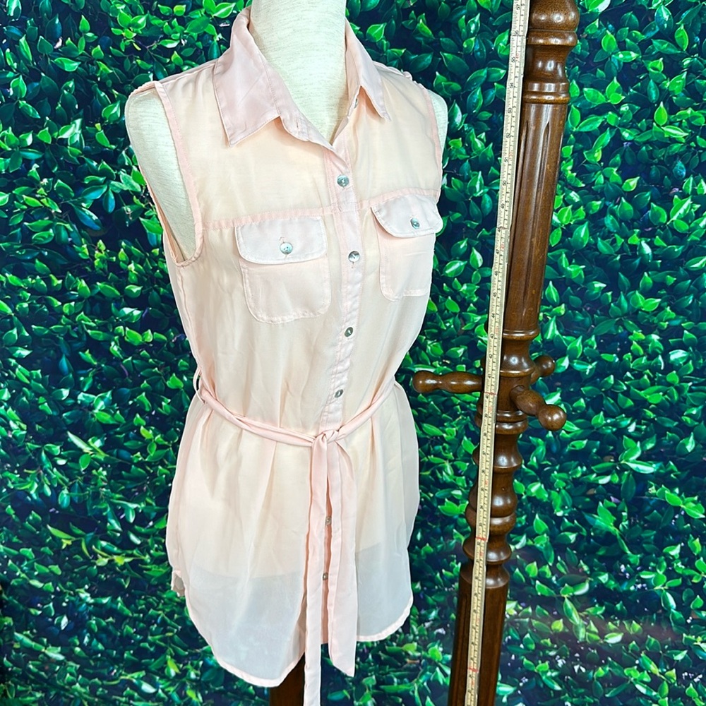 Pink sheer sleeveless button down blouse with tie waist